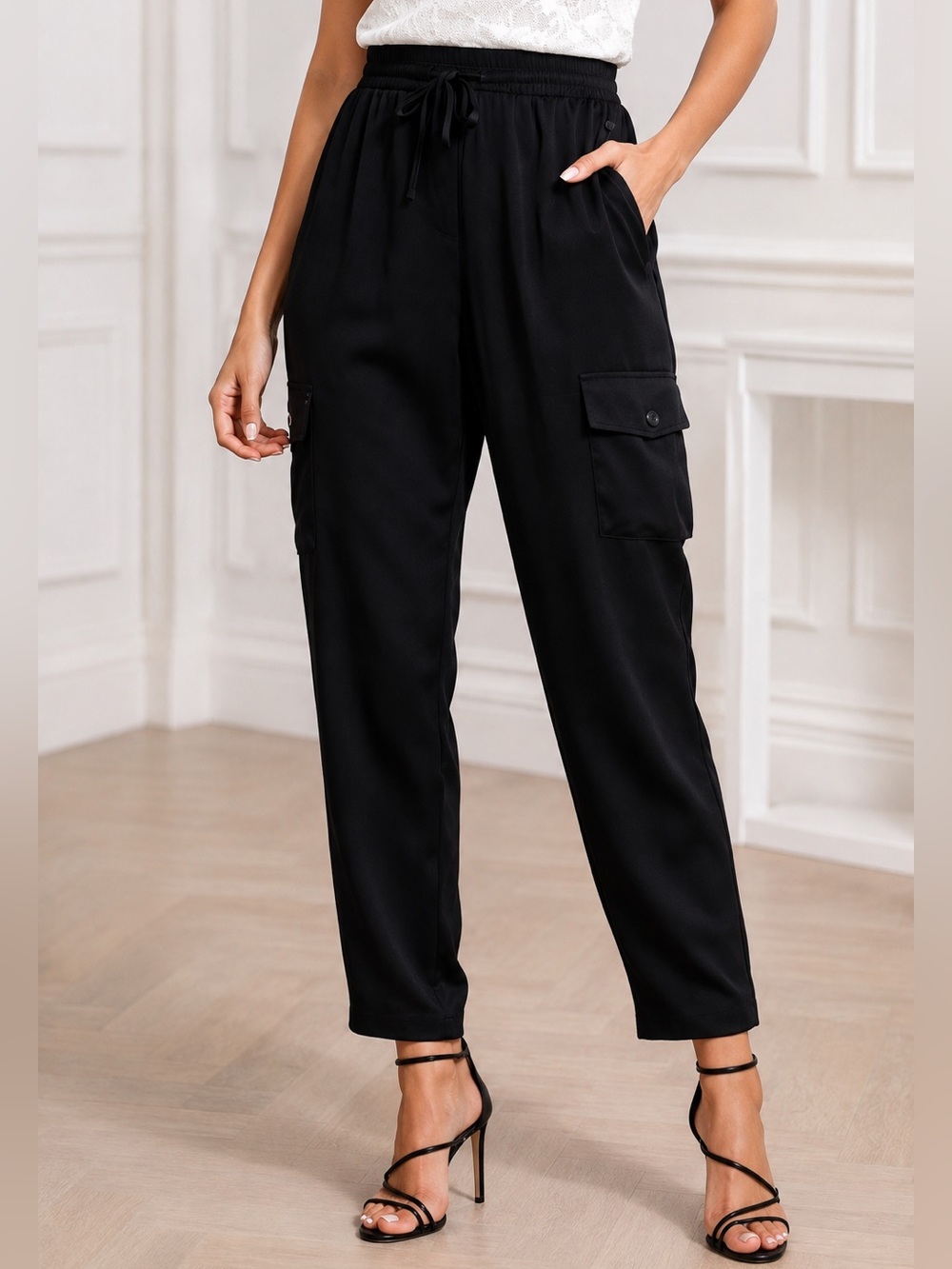 Elie Tahari Jagger Satin Cargo Pants LARGE Black High Rise Y2K Luxe Utility Chic